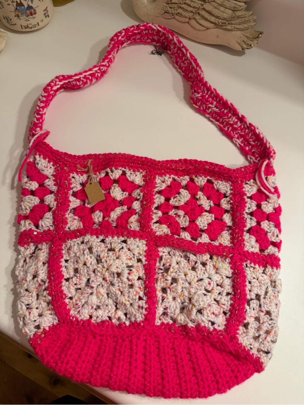 Handmade Crochet Tote Bag in Hot Pink and Cream